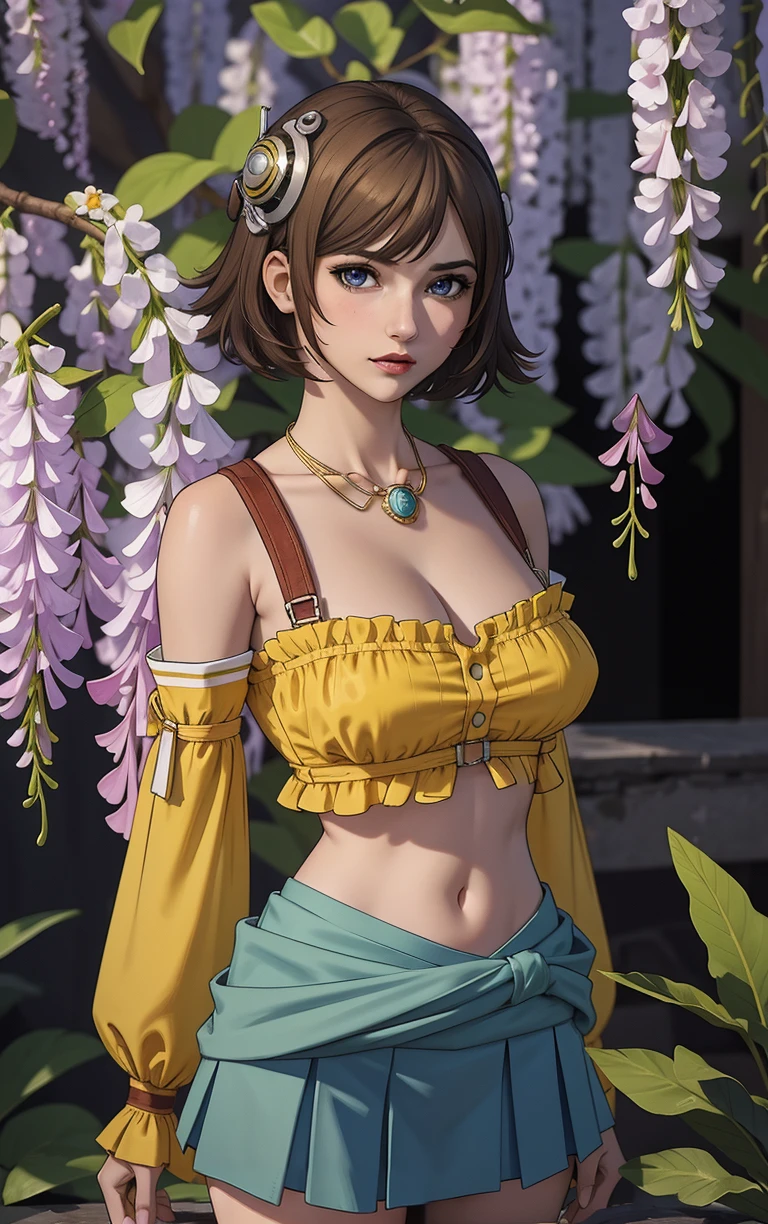 (masterpiece, best quality:1.4), insaneres, absurdres, looking at viewer, BREAK 
MainOutfit_RogueGalaxy_ownwaifu, 
1girl, brown hair, grey eyes, hair ornament, short hair, lips, breasts, medium breasts, flipped hair, jewelry, lipstick, 
neck ring, suspenders, yellow shirt, midriff, clothes around waist, detached sleeves, navel, thighhighs, crop top, miniskirt, skirt, bare shoulders, long sleeves, white skirt, cleavage, armor, necklace, pleated skirt,
(leaning forward, arms behind back), cowboy shot, garden, wisteria, outdoors, <lora:GAME_Kisala_RogueGalaxy_ownwaifu:0.85> , depth of field, solo,