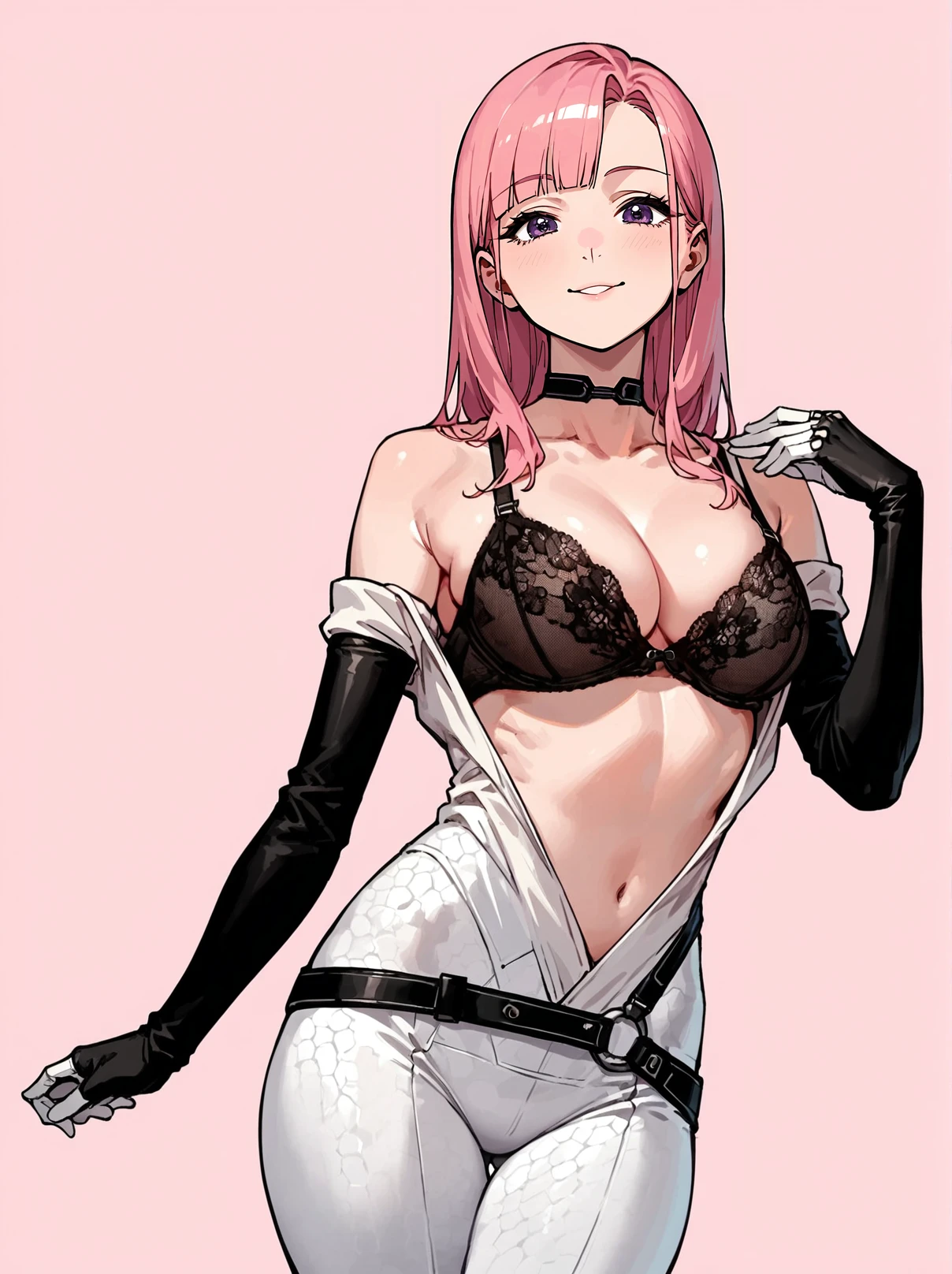 score_8_up, score_7_up, score_6_up, source_anime, 1girl, solo, simple background, pink background,
standing, pose, contrapposto, arched back, cowboy shot, facing viewer
smile, blunt bangs, pink hair, mature female
open bodysuit, white bodysuit, black belt, black bra, lace bra, black gloves, black choker <lora:Miranda_Open_Bodysuit:1>