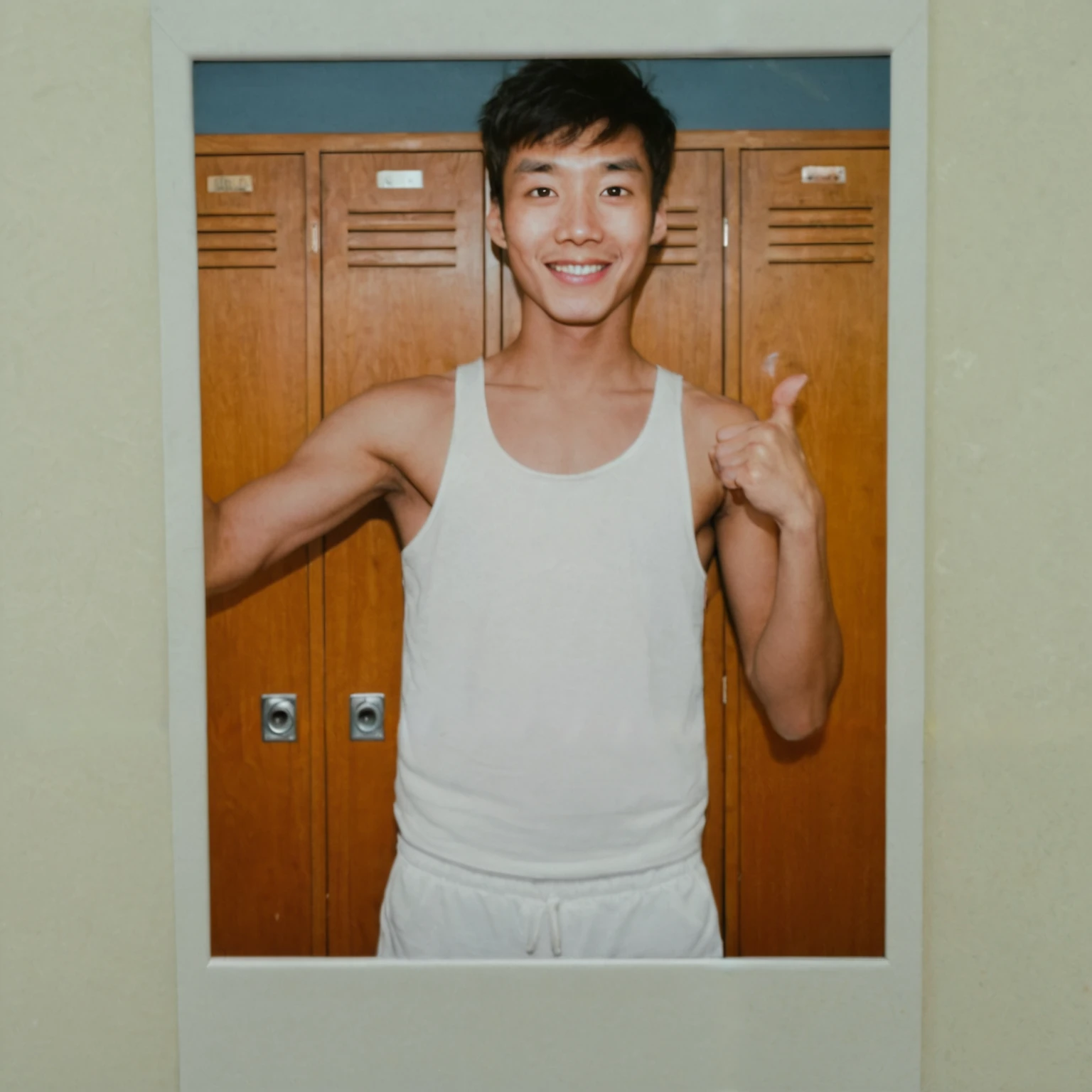 score_9, score_8_up, score_7_up, score_6_up, score_5_up, score_4_up, realistic, polaroid_photo, white_photo_frame, white picture frame, (white border:1.2),

1boy, male focus, standing, lined up, white tank top, shorts, japanese young men, smile,  thumbs up,

shy, Asian male, sweat, young adult man, hair bang, male hairstyle, lean body,

unshaved, armpit hair, leg hair, armpit hair,

male focus, locker room