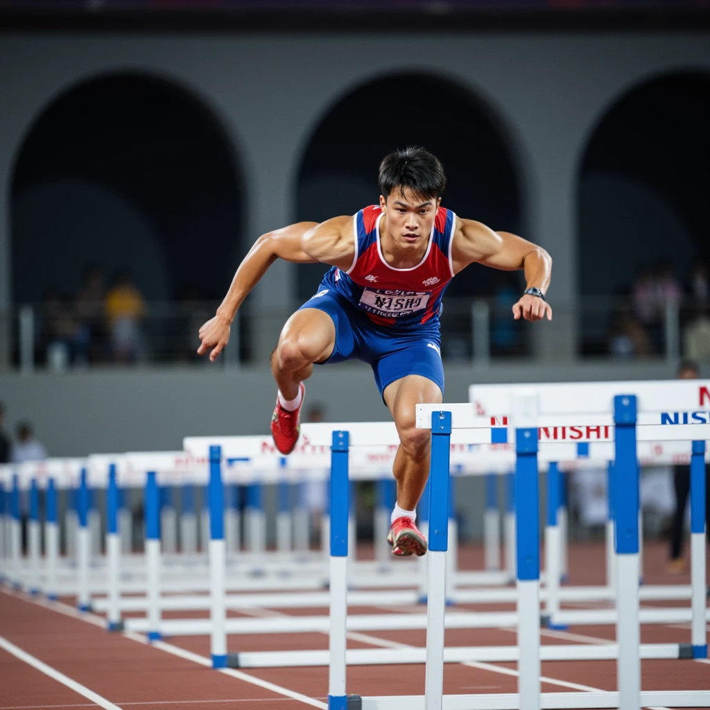 sports_photography, This photograph captures a male athlete mid-jump over a hurdle during a track and field event. The man, with short black hair, is wearing a red and blue athletic tank top and shorts . His muscular physique is evident, and he has a focused expression. The background shows a stadium with blurred, dark arches and a bright track. The hurdles are white with blue accents and the word "NISHI" printed on them. The lighting highlights the athlete's motion and determination.