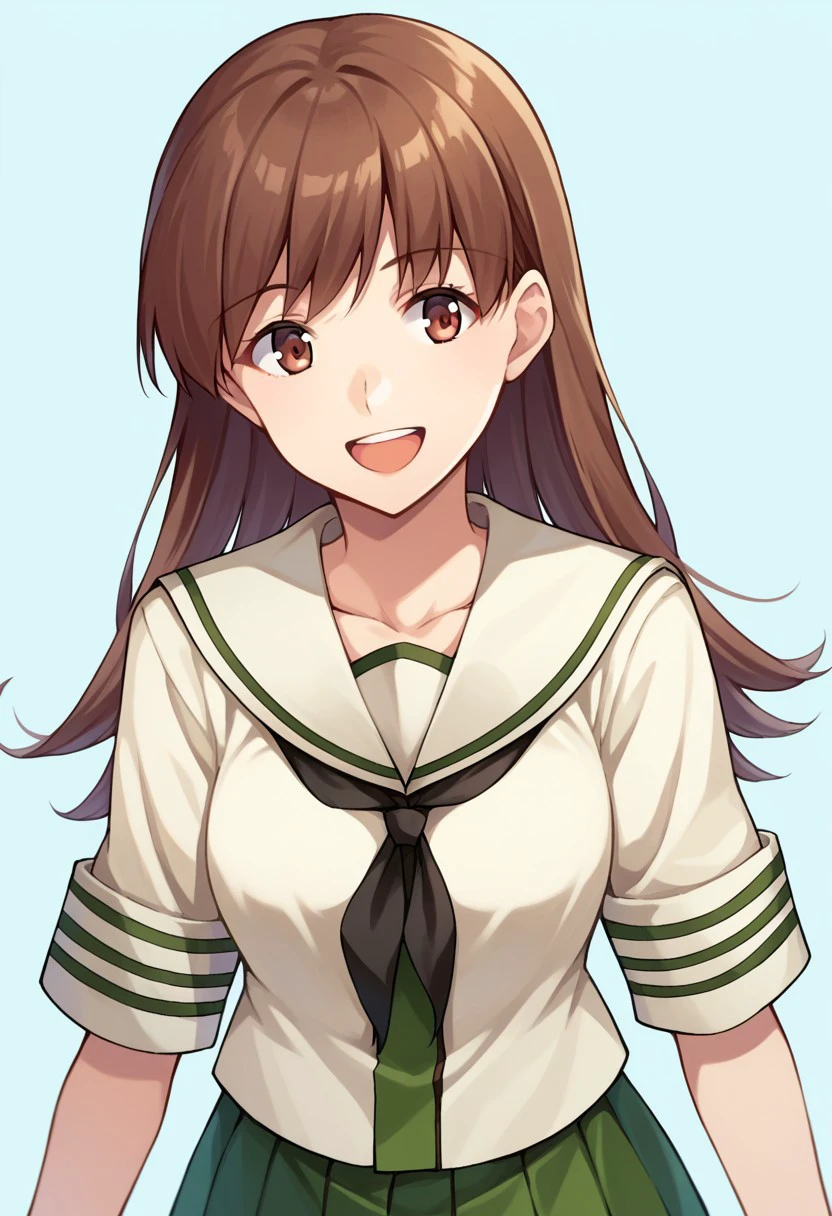 score_9, score_8, score_7, source_anime, ooi (kancolle), sailor collar, shirt, open mouth, cowboy shot, pleated skirt, smile, upper body, collarbone