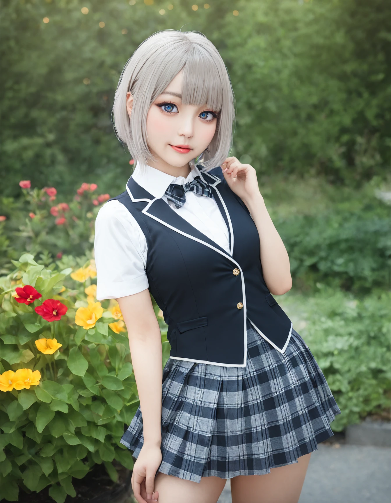 8k, RAW, masterpiece, best quality, very aesthetic, high resolution,
[:natural skin, detailed skin, (skindentation:0.3):0.5], cowboy shot,
1 girl, Korean girl, cute idol, White shirt, Knit vest, bowtie, loose Check skirt,
Short Bob, gray Hair, Beautifully eyes, Large eyes, Cheek, Makeup,
bokeh, garden, Flowers blooming, <lora:WhippeMilk:0.7>