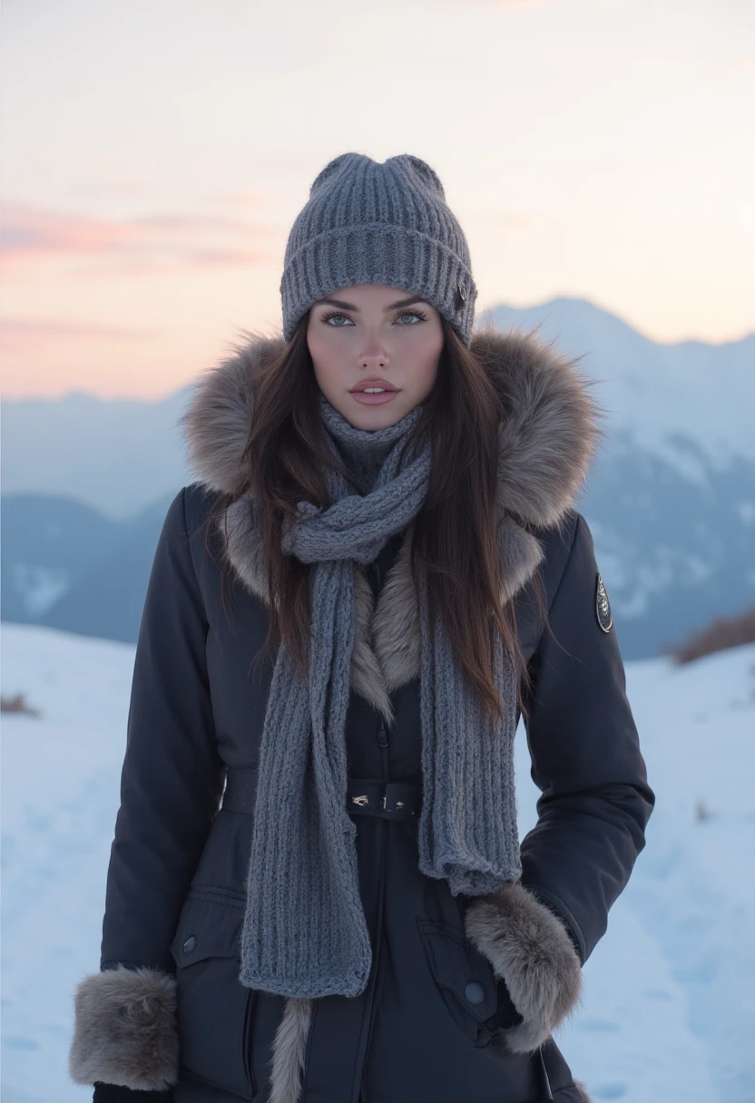 woman, heavy makeup, direct eye contact,  standing on a snowy mountain path, the sky painted with soft pink and orange hues. She is wrapped in a long, fur-lined coat, with a knitted scarf and gloves, wearing a woolen hat over her neatly tucked hair, m4d1s0n