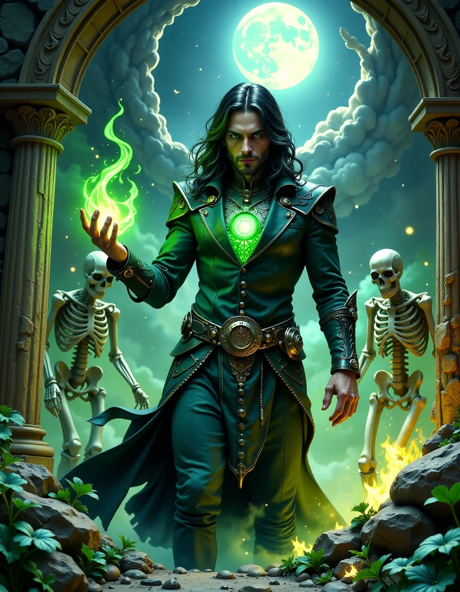 Brooding necromancer with shadowy tendrils swirling around, surrounded by animated skeletons, in a decrepit castle chamber lit by eerie green flames, Magic Dream aesthetic, ominous atmosphere, detailed textures, dramatic lighting
 <lora:magic-dream:0.5> md0924, magic, anna stokes, boris vallejo, alphonse mucha, sky with clouds and moon, flowers, swirl magic