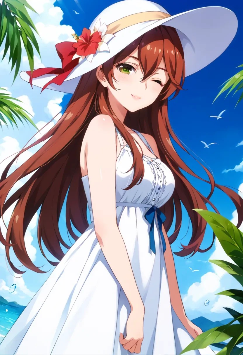 score_9, score_8_up, score_7_up, score_6_up,
masterpiece,

solo, 1girl,

Hiragi Akira, red hair, long hair, brown hair, green eyes, hair between eyes,

white summer dress, white summer hat,

standing, one eye closed, smile, looking at viewer