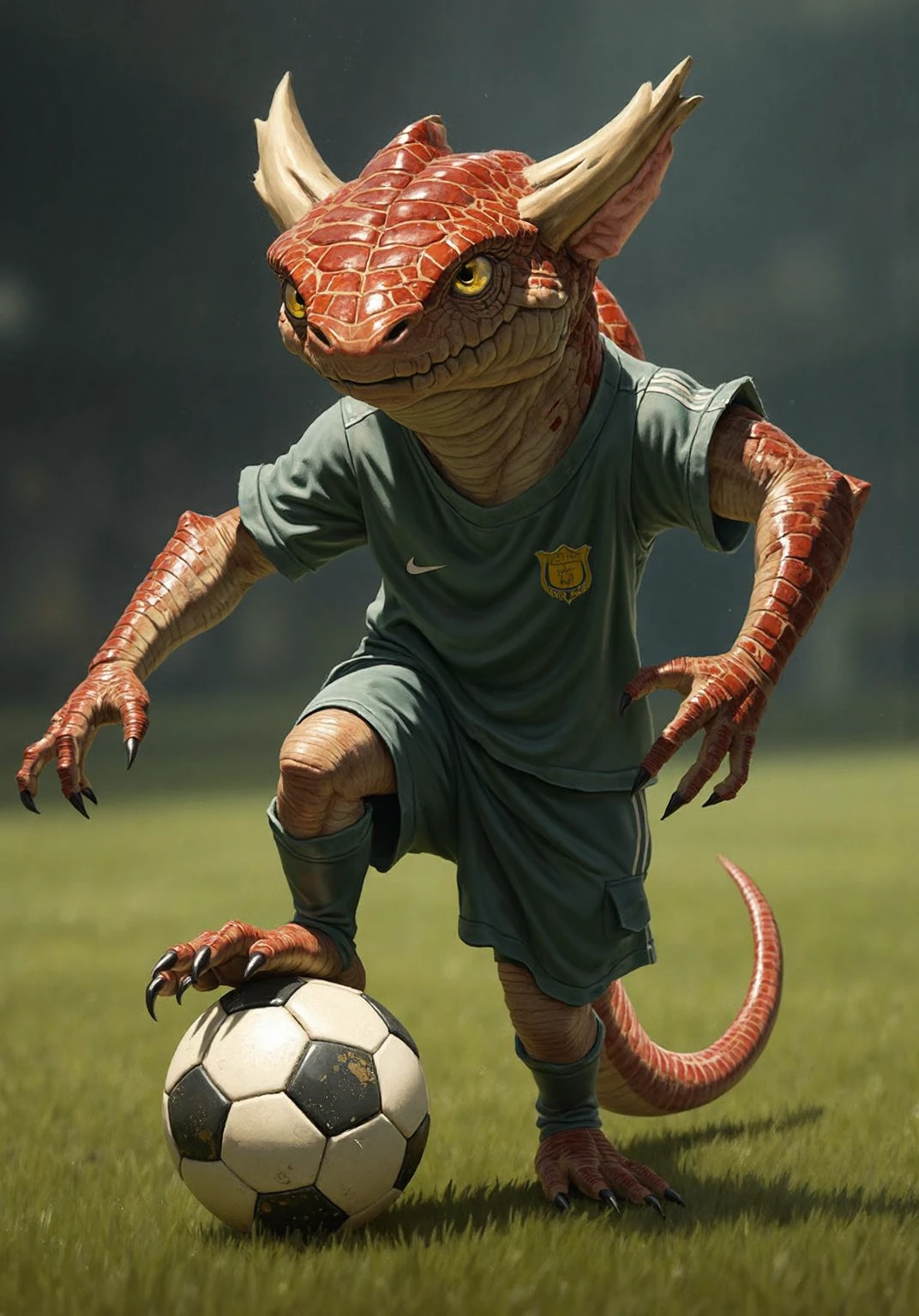 A captivating portrait of a kobold, playing soccer in a soccer field. The kobold is a vision of teenage rebellion, her confident gaze meeting the viewer's with a mix of defiance and vulnerability. The kobold has bone horns in its head.