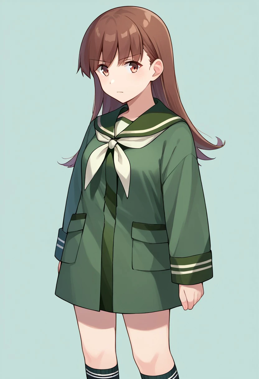 score_9, score_8, score_7, source_anime, ooi (kancolle), closed mouth, standing, white neckerchief, short sleeves, green serafuku, socks, serafuku, long sleeves