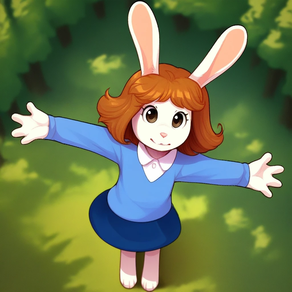 score_9, solo, datillo_a, rabbit girl, brown hair, animal ears, furry, skirt, forest, outstretched arms, cute, from above