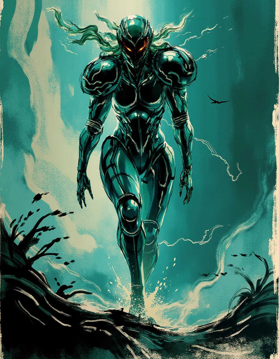 In a breathtaking digital masterpiece reminiscent of Yoji Shinkawa’s iconic style, the formidable bounty hunter Samus Aran is depicted in a moment of intense exploration. The dynamic brushstrokes are fluid and gestural, swirling around her form with varied thickness, creating a palpable sense of energy and motion as she navigates through an alien landscape. 

Draped in her signature, sleek power suit, the armor gleams with a metallic sheen, contrasting sharply against the rough, textured lines that evoke a raw, organic feel to the surrounding environment. The limited color palette features stark monochromatic shades, accented with deep emerald greens and electric blues, illuminating her figure against the shadowy backdrop of a mysterious, otherworldly terrain.

High contrast illuminates her silhouette, enveloping her in a play of light and dark where large areas of negative space emphasize her solitary journey. Samus stands in a powerful stance, her pose exaggerated to convey an electrifying sense of motion and tension. 

The imperfect forms of the scene are punctuated with deliberate rough strokes, allowing for a sense of spontaneity while hinting at the intricacies of her surroundings. Layering and textures intertwine, blending hatching and brush strokes with digital refinement to build an immersive depth that draws the viewer in.

Hints of abstract detailing pepper the scene, suggesting alien flora with minimal features, leaving ample room for interpretation and imagination. The balance of controlled chaos in the composition guides the viewer’s eye through the dynamic line flow, capturing the essence of Samus Aran as she embodies both the hunter and the hunted in this visually arresting tableau.