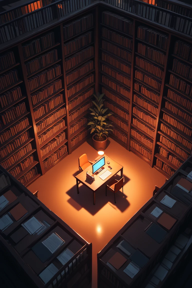 score_9, score_8_up, score_7_up, source_anime, rating_safe, evening, natural lighting, library focus, library_bookshelf, no humans, intricately detailed illustration, Candilib, from above, negative space, orange theme