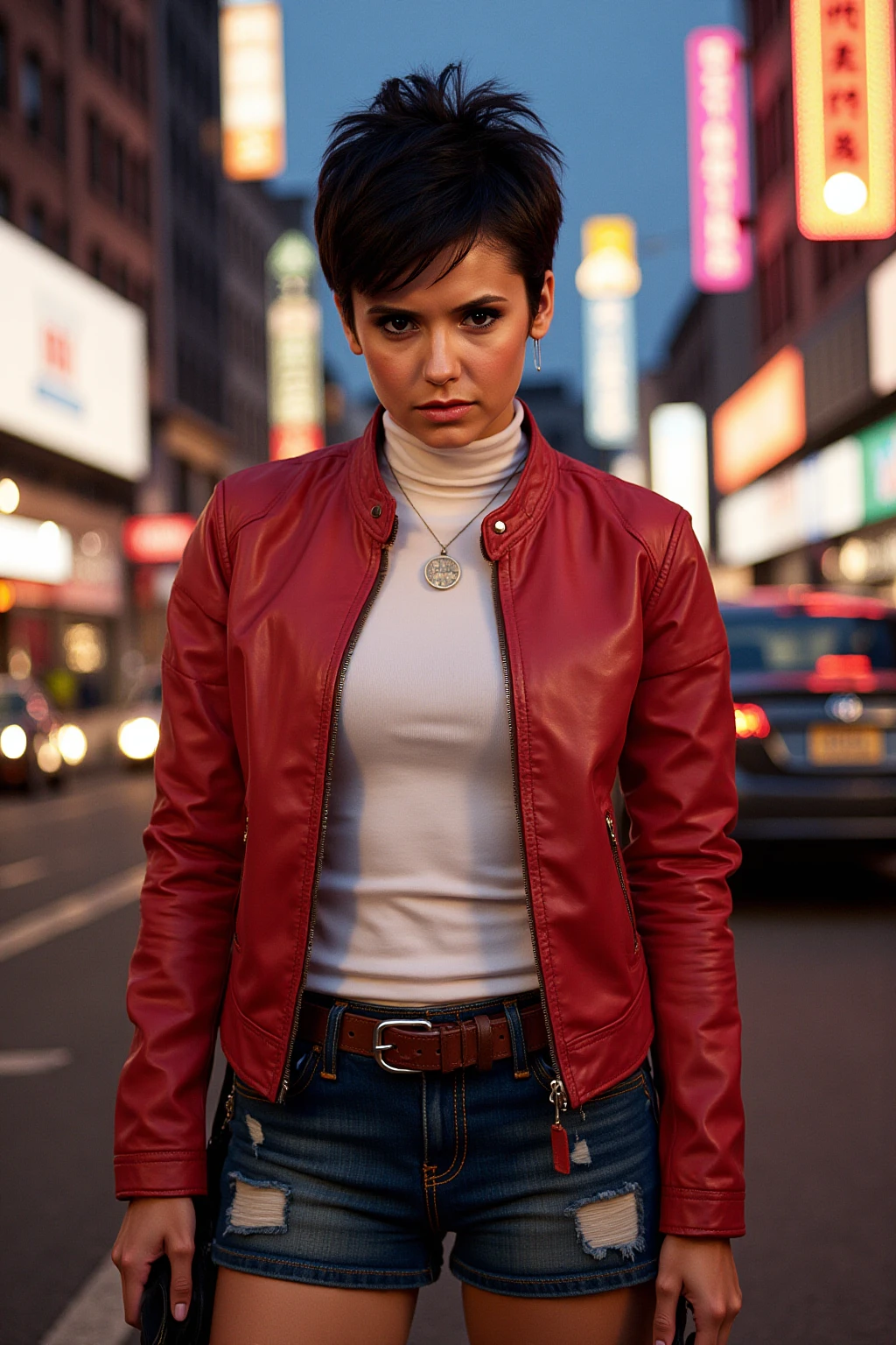 portrait of a beautiful woman.

(Clad in a vibrant red leather jacket over a fitted white turtleneck and distressed denim shorts, her short, spiky black hair accentuates her fierce gaze, radiating confidence and defiance as she stands ready to confront whatever lies ahead), (set against the lively backdrop of a bustling city street at twilight, where neon lights flicker and the sounds of nightlife create an electric atmosphere, the scene pulses with urban energy and excitement), (bold:1.3), (bright, dynamic lighting with contrasting shadows, sharp focus on the heroine, cinematic composition with a vibrant, urban mood:1.3),









