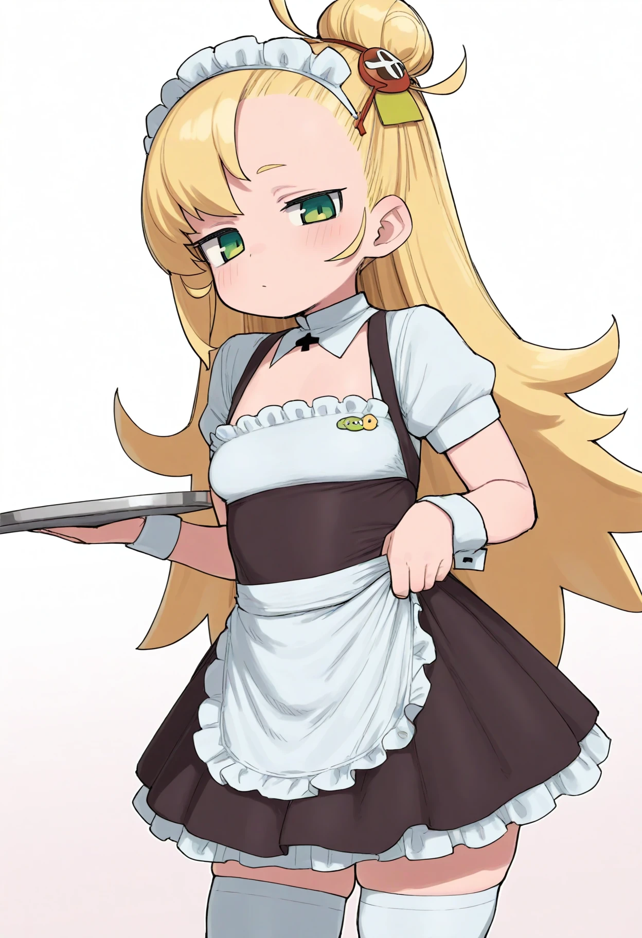 1girl, solo, impiper, healthyman, (zankuro:0.5), white background,
standing, holding tray, 
single hair bun, long hair, blonde hair, hair ornament, green eyes, looking at viewer, 
maid, dress, square neckline, frills, white thighhighs, short sleeves, 
<lora:PiperIllustriousLast_2:1>