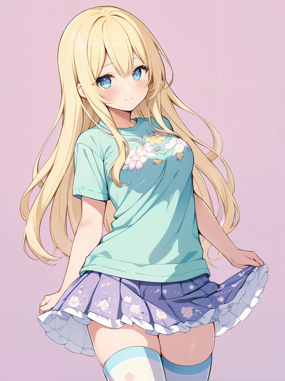 masterpiece,ultra-detailed,best quality,8K,illustration,cute face,clean skin ,shiny hair,woman,middle breasts,,ultra-detailed-eyes,simple background, <lora:add-detail-xl:1> <lora:jyojifuku_XL_V2.0:0.6> jyojifuku, print clothes, pastel color clothes,print shirt,skirt, thighhighs,