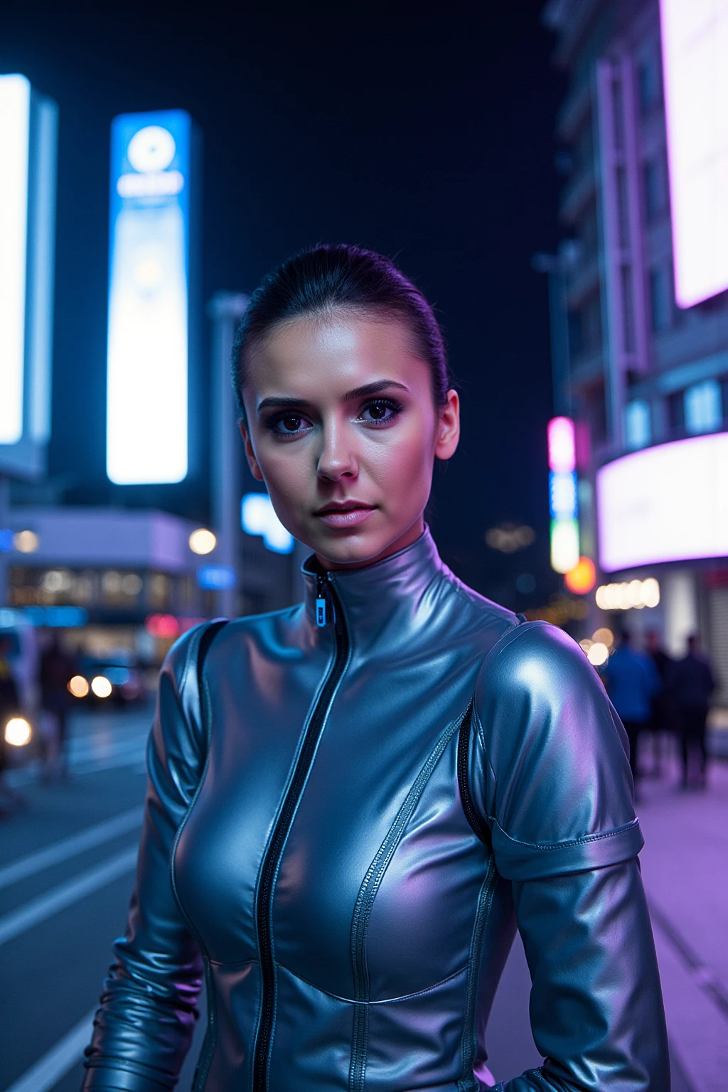 a beautiful woman.

(In a sleek, silver bodysuit that hugs her form with metallic precision, her skin smooth and flawless with a subtle, futuristic sheen, her eyes glowing faintly with a soft blue light, her expression is calm yet slightly mechanical, blending human beauty with robotic precision, her short, angular haircut emphasizing her high-tech allure), (Set against the backdrop of a futuristic, neon-lit cityscape at night, with towering holographic billboards and flying cars zipping through the sky, the atmosphere is sleek, high-tech, and electric, the fusion of technology and humanity at the core of this world), (synthetic beauty:1.3), (cool, neon lighting in blue and purple tones reflecting off her metallic suit, sharp focus on her serene yet slightly artificial expression, cinematic framing capturing the sleekness of the futuristic world, smooth camera movements emphasizing her robotic precision and controlled grace:1.3),



in the style of Art Deco , Biedermeyer , Art Nouveau ,Cyber Gothic, artist Jean-Baptiste Monge , Eugène Delacroix , Rembrandt , Dmitry Levin









