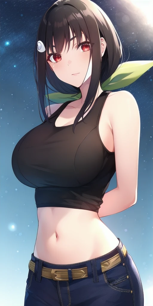 <lora:mayoi_hachikujiV2:0.7> mayoi_hachikuji_low_ponytail, huge_breasts, standing, solo, arms_behind_back, starry_sky,  yellow_tank_top_midriff_belt_pants, green_hair_ribbon, hairclip, masterpiece, best_quality, detailed_face, detailed_eyes, highres, beautiful, detailed, absurdres,