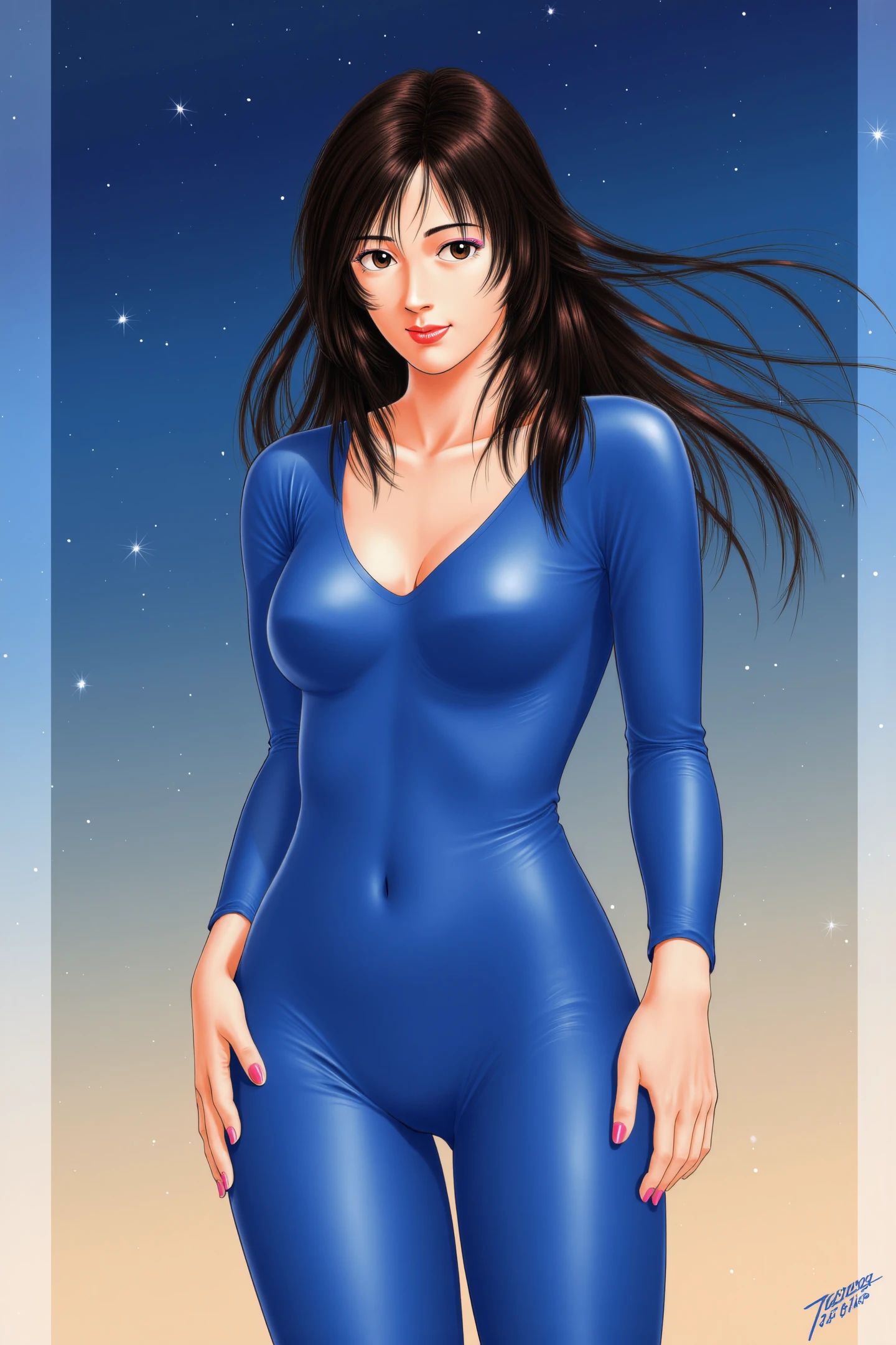 This is a highly detailed digital illustration featuring a young woman with a serene yet confident expression. She has fair skin,long,dark,wavy hair that cascades around her shoulders,and striking,almond-shaped brown eyes. Her facial features are delicate,with a small,straight nose and full,slightly parted lips. She is dressed in a form-fitting,shiny,blue bodysuit that accentuates her slender physique and modestly reveals her cleavage. The bodysuits' texture is smooth and reflective,suggesting a latex or similar material. The background is a gradient sky transitioning from a deep blue at the top to a soft beige at the bottom,with scattered,twinkling stars scattered throughout,adding a sense of depth and tranquility. The overall style of the illustration is realistic with a slight anime influence,characterized by smooth lines and vibrant colors. The woman's pose is slightly angled to the left,with her hands resting on her hips,exuding a sense both of strength and elegance. The artwork is signed by the artist in the bottom right corner,indicating a meticulous and professional approach to the creation.,
<lora:Tsukasa Hojo_FLUX:1>,