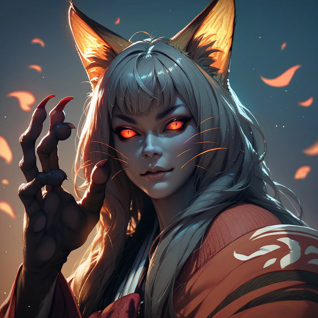 score_9, score_8_up, score_7_up, portrait, beautiful, <lora:KashaChacha:1> BREAK, 1girl Kasha. Kashanioh. fox girl. fox ears. grey skin. fox hands. fox legs. red eyes. glowing eyes. glowing ears.