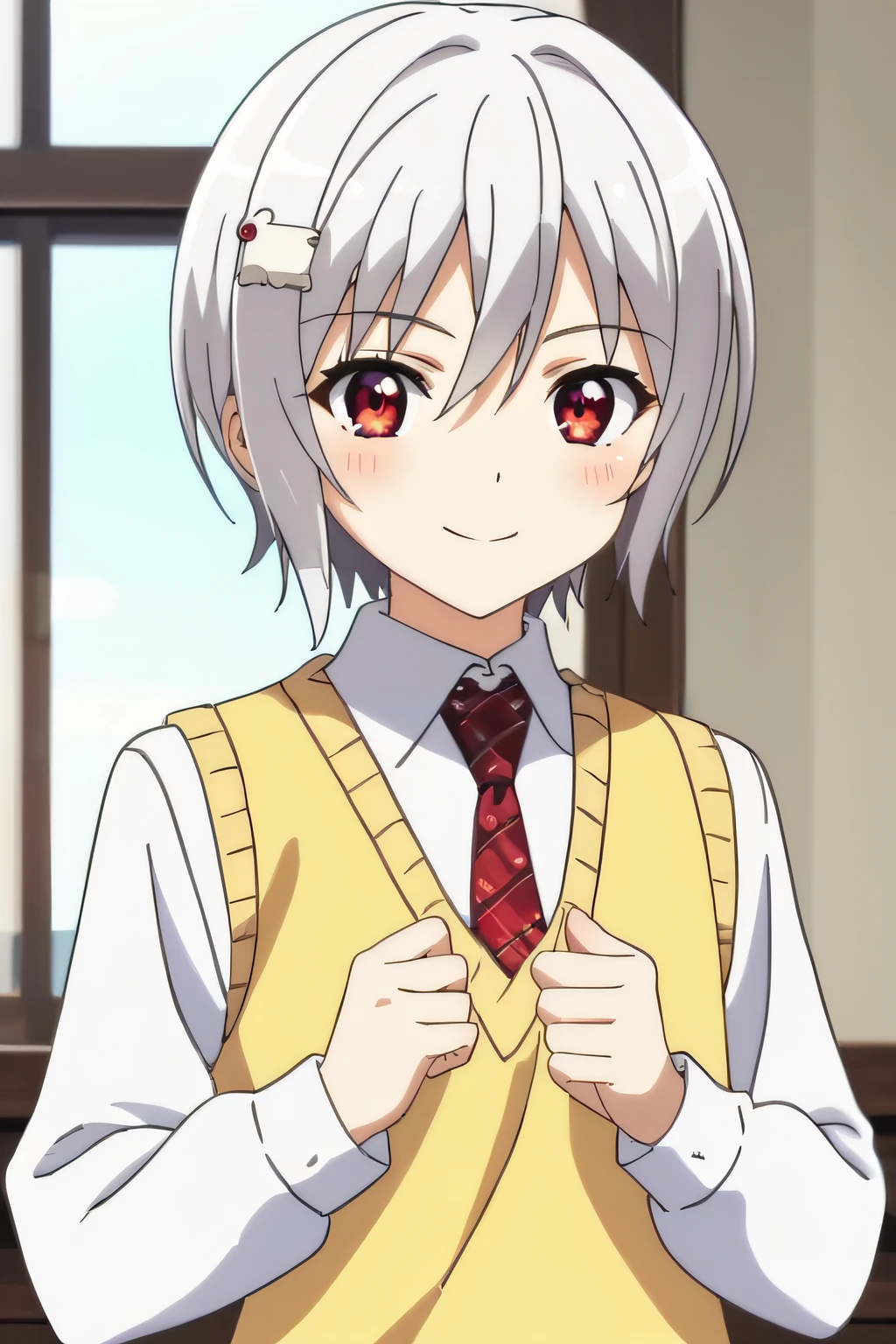 score_9, score_8_up, score_7_up, source_anime, rating_safe, intricate details, anime screencap, official style, 1girl, solo, <lora:Yukihira_Furano:1>, furano, short hair, silver hair, red eyes, hair ornament, white shirt, long sleeves, yellow sweater vest, red necktie, looking at viewer, smile, looking at viewer, five fingers, indoor, upper body, indoor, hands on , blush