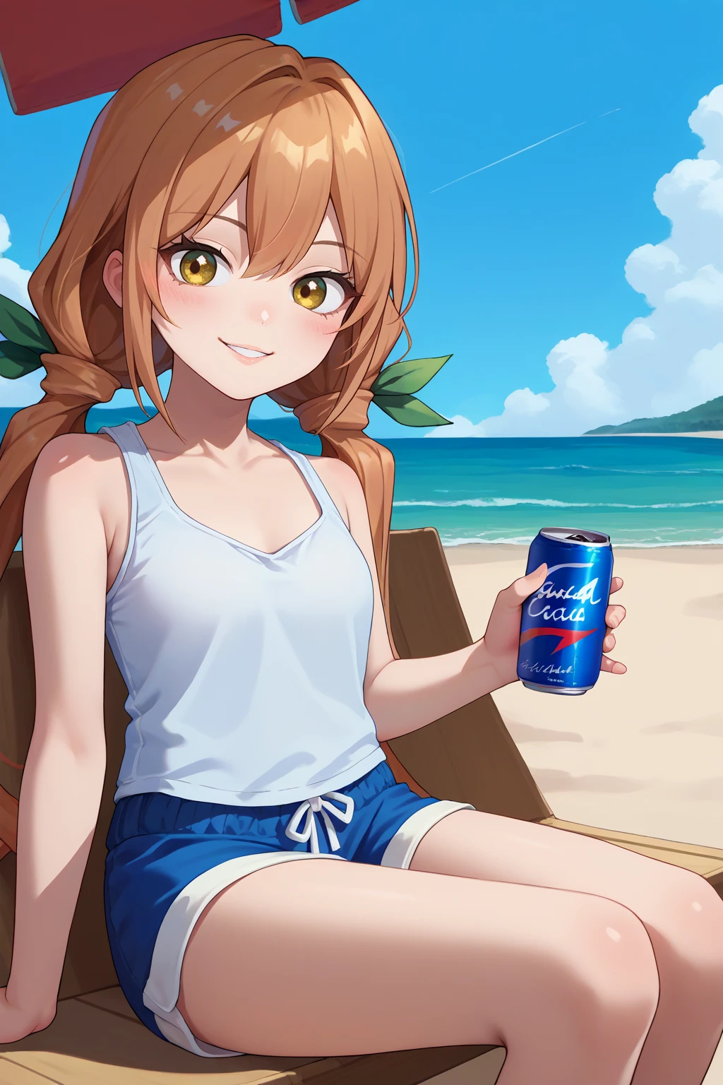 score_9, score_7_up, source_anime, cowboy shot, looking at viewer, blush, smile, parted lips, indkrn, brown hair, yellow eyes, hair between eyes, low twintails, hair ribbon, tank top, shorts, sitting, holding can, soda can, outdoors, beach, blue sky, ocean, tropical, <lora:Hoseki_100Girlfriends_KaraneInda_PDXL_v1:1>