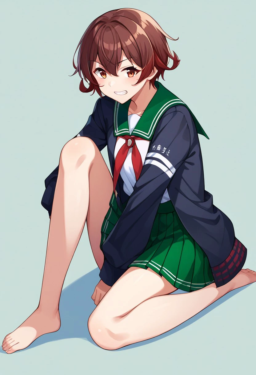 score_9, score_8, score_7, source_anime, mutsuki (kancolle), sitting, green skirt, white shirt, full body, teeth, green sailor collar, black jacket, red neckerchief