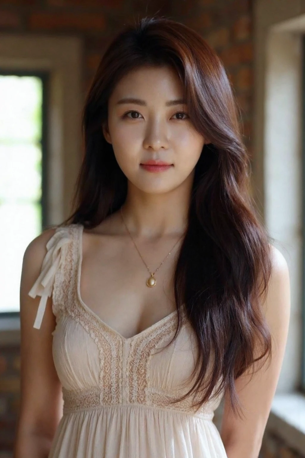 bright photo of beautiful korean girl with long wavy hair wearing bohemian dress, inside a rustic house with windows, necklace, dslr, studio lighting, high quality, film grain, light reflections, blood vessels, pale skin, detailed skin, <lora:flux_realism_lora:1>, <lora:makinaflux_hajiwon_v1.0:1>