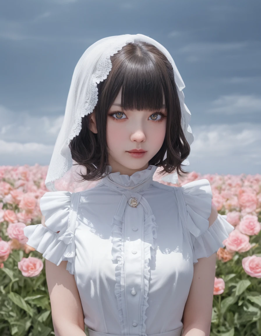 masterpiece, best quality, very aesthetic,
high resolution, [:natural skin, detailed skin, (skindentation:0.3):0.5],
1 girl, japanese, cute idol, (white high collar blouse , frills:1.3),  (maria veil:1.4), big round eyes,Detailed eyes,
Medium Hair, Straight bangs, 
ridiculous amount  flowers, lots of flowers, cloudy sky, <lora:WhippeMilk:0.7>