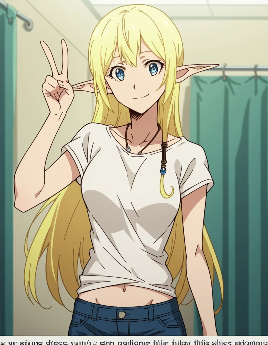 score_9, score_8_up, score_7_up, source_anime, <lora:tuka-luna-marceau-s1s2-ponyxl-lora-nochekaiser:1>, tuka luna marceau, long hair, blonde hair, pointy ears, elf, blue eyes, medium breasts,, jewelry, pants, necklace, denim, jeans, shirt, white shirt, short sleeves, collarbone, navel,, hospital room, bedside, get well flowers, comforting, quiet, smile, looking at viewer, v,, solo,, cowboy shot, dutch angle