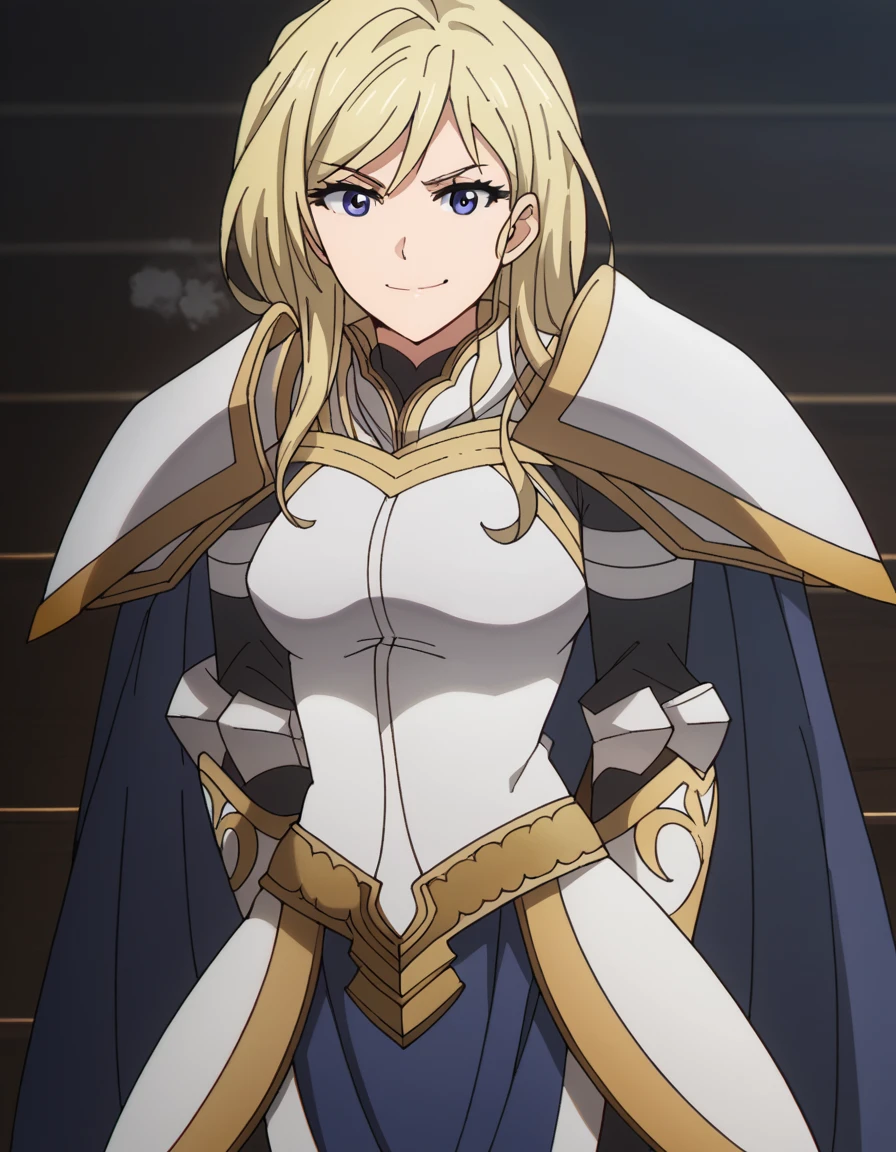 score_9, score_8_up, score_7_up, source_anime, <lora:female-knight-s2-ponyxl-lora-nochekaiser:1>, female knight, long hair, blue eyes, blonde hair, medium breasts,, weapon, sword, cape, armor, shoulder armor, gauntlets, pauldrons, breastplate, knight,, bookstore, browsing shelves, new book smell, finding a favorite, quiet atmosphere, smile, looking at viewer, hands behind back, bent over,, solo,, cowboy shot, dutch angle