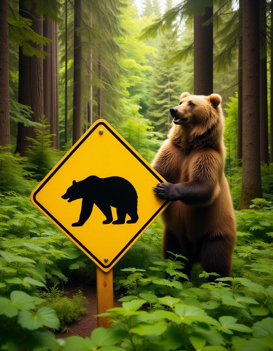 <lora:Road_Sign_Erector_FLUX:0.8>
The image is a photograph featuring a bright yellow traffic sign in a dense, lush forest. The sign is diamond-shaped with a bold black silhouette of a bear in the center, indicating a wildlife crossing or bear area. There is a large grizzly bear holding the sign.