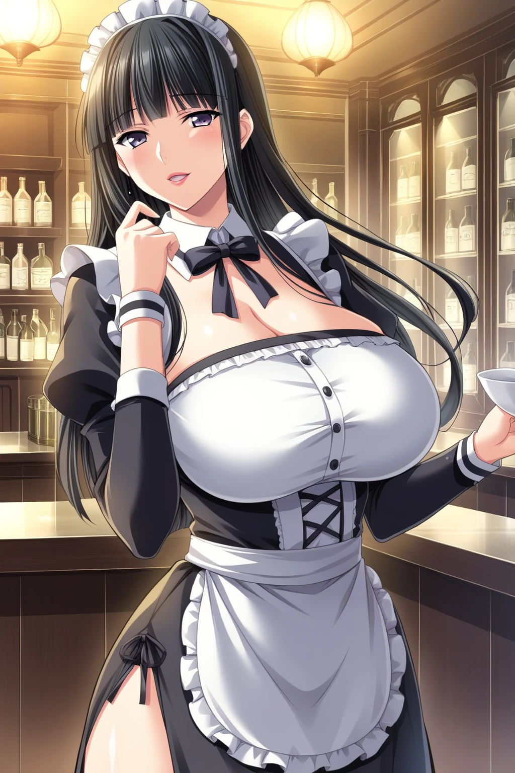 asagi, (naked),(Corset:1.2),navel,long glove,stocking,fishnets,large breasts,erected nipples,maid headdress,long hair, ponytail,blue hair, hair between eyes, sidelocks, purple eyes, looking at viewer,(casino),(highres, high quality:1.1), intricate details, cinematic lighting, 1girl,(red blush,embarrassed),(metal collar:1.2),show off pussy,Carrying cocktail tray,