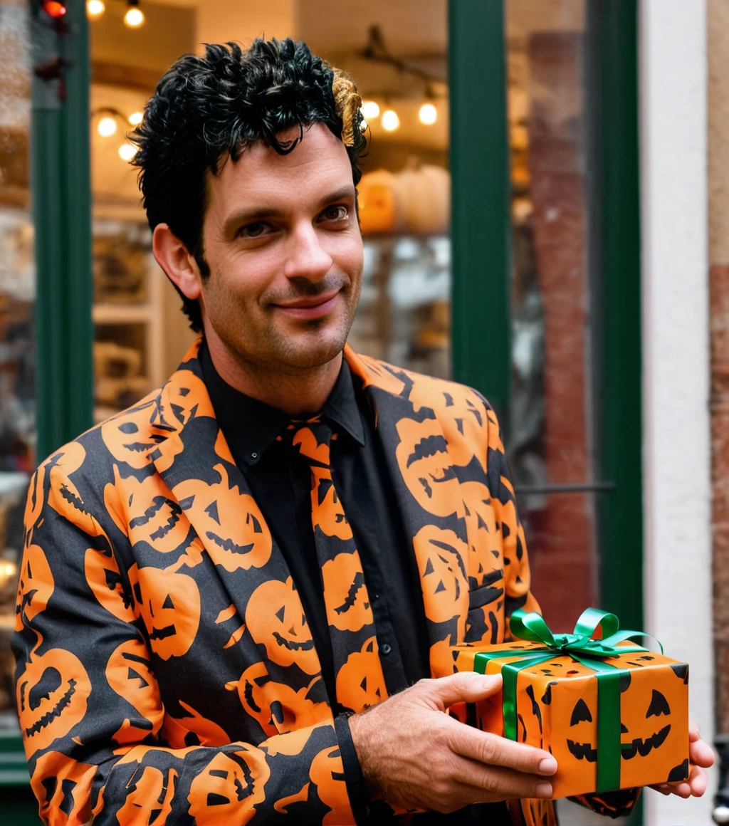 <lora:d5pumpk1n_04XL-000010:1.1>, a photograph of (handsome d5pumpk1n man:1.2) with black hair, as a tourist,walking in a quaint small village square,holding a wrapped gift box,surrounded by (shops with festive window displays:1.3),(evil grin:0.7),(face focus), cinematic photograph, photorealism, realistic lighting,depth of field,realistic shadows,masterpiece,Award-winning, 8K wallpaper,Hyperrealistic, intricate detailed, subsurface scattering, rule of thirds, detailed pupils, 35mm photograph, detailed skin texture, subsurface scattering