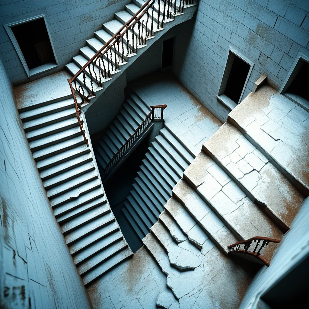 docpollparan, stairwell, asylum, abandoned, staircase, from above, unreal engine, 4k, masterpiece, trending on artstation