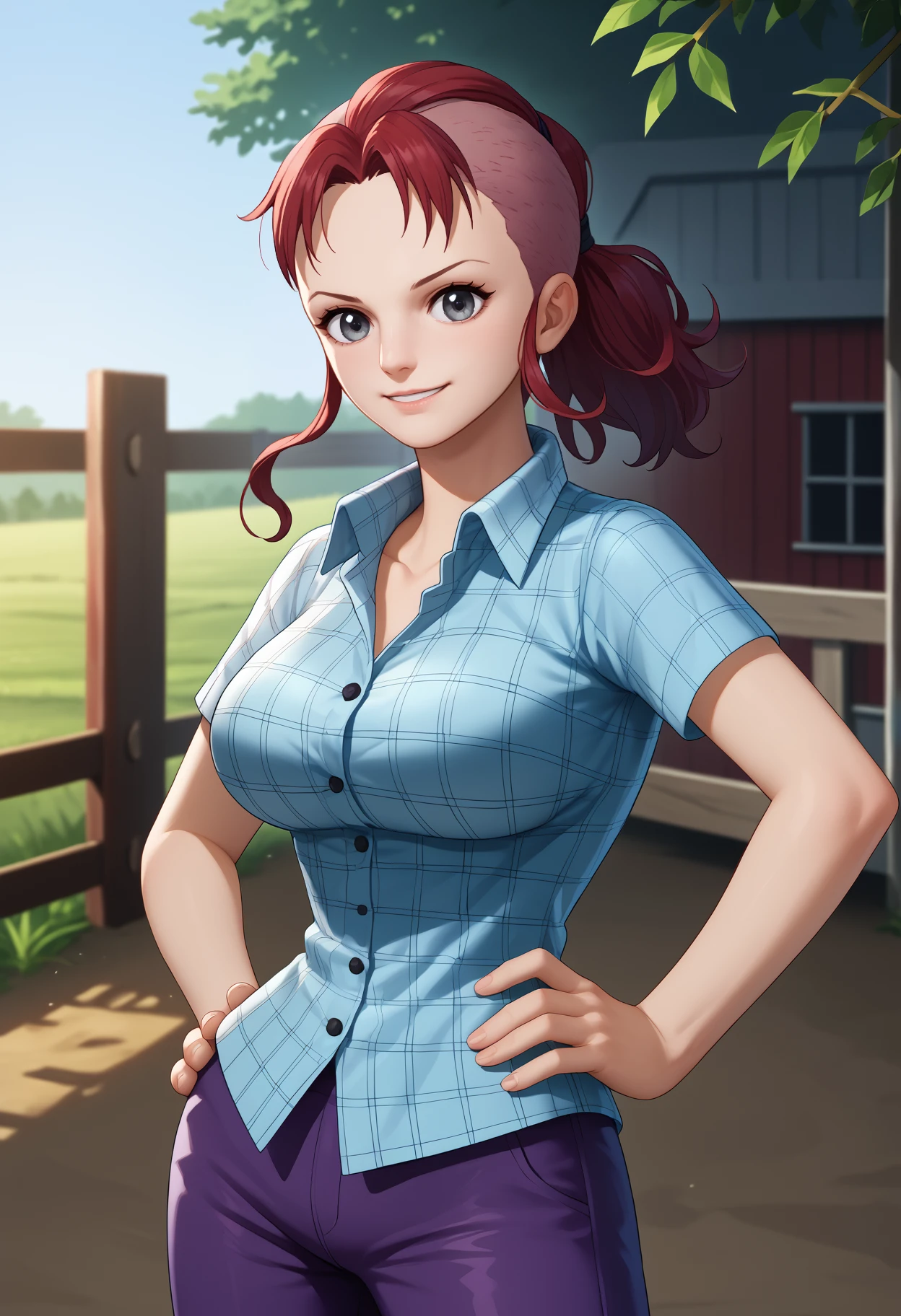 score_9, score_8_up, score_7_up, source_anime, <break> solo, 1girl, bellemere, smile, looking at you, standing, hand on own hip, red hair, ponytail, mohawk, grey eyes, blue shirt, plaid shirt, collared shirt, short sleeves, purple pants, large breasts, outdoors, farm
<segment:yolo-face_yolov8m.pt,0.4,0.5//cid=1>