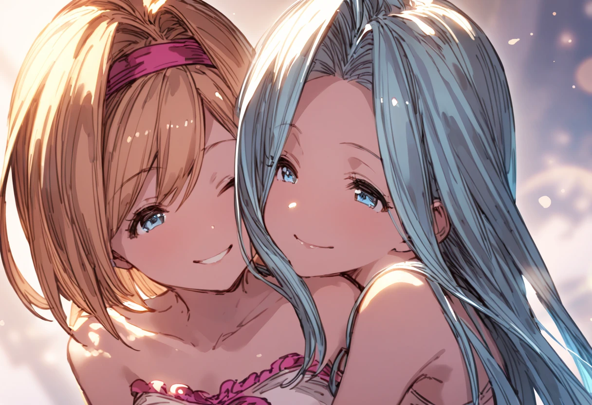 best quality, very aesthetic, absurdres,
2girls, yuri, [jitaruri::0.4], [:lyria \(granblue fantasy\):0.3], djeeta \(granblue fantasy\), smile, bare shoulders, strapless, hug from behind,
<lora:JitaRuri-XL:0.5>  clear eyes,  <lora:lyria-XL:0.8>