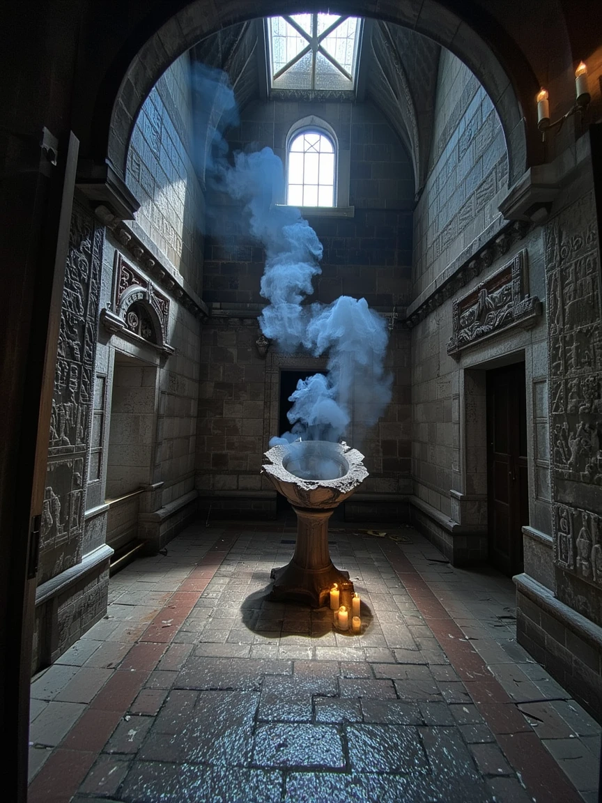 iphone photo. Gothic chamber, dark stone walls with intricate carvings, blue mist rising from a shattered pedestal, faint moonlight streaming through an arched skylight. Flickering candlelight casting long shadows, cobblestone floor wet from moisture, eerie, abandoned cathedral-like atmosphere, sense of ancient power lingering in the air, cold and mysterious.