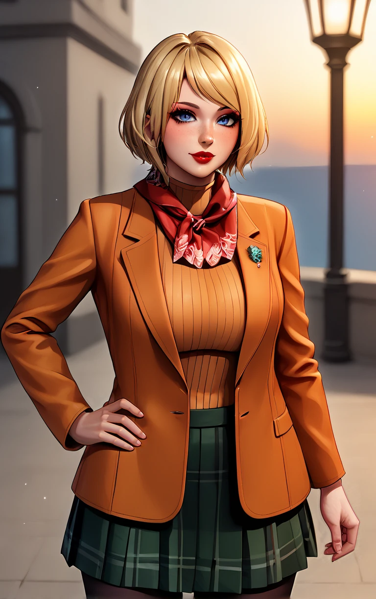 score_9, score_8_up, score_7_up, masterpiece, best quality, absurdres,  solo, BREAK
MainOutfit_Ashley_ownwaifu, 
1girl, blue eyes, short hair, blonde hair, lips, freckles, jewelry, bob cut, necklace, nose, bangs, large breasts, red lips, eyelashes, lipstick, makeup, 
red scarf, brown coat, orange sweater, ribbed sweater, black pantyhose, plaid skirt, green skirt, miniskirt, pleated skirt, turtleneck, blazer, long sleeves, orange jacket, open coat,
(contrapposto, hand on hip), sunset, sidelighting, outdoors, <lora:PONYXL_ResidentEvil4Remake_Ashley_ownwaifu:1> , depth of field