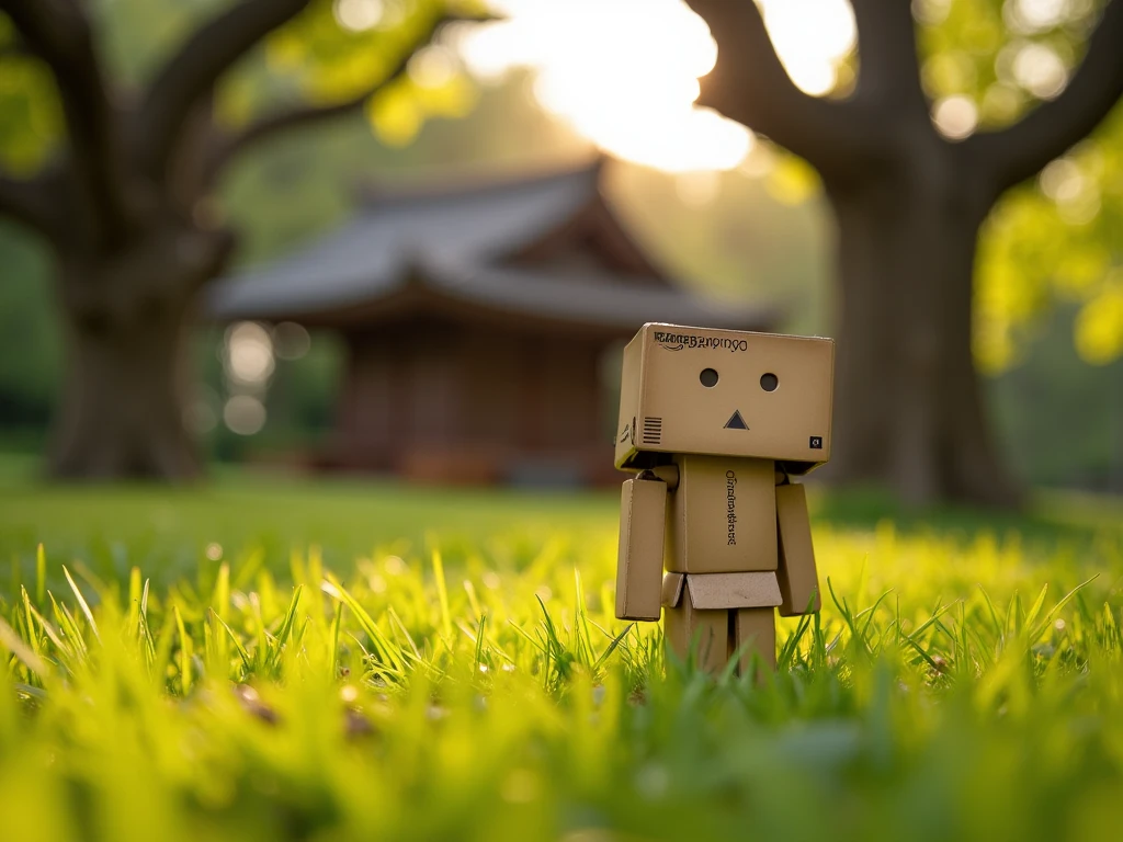 danbo, a worn, vintage-inspired Danbo figure standing in lush, vibrant grass, surrounded by towering trees with intricate branches and a rustic, Japanese-style building in the soft, hazy background, with warm, golden lighting and subtle, whimsical bokeh.