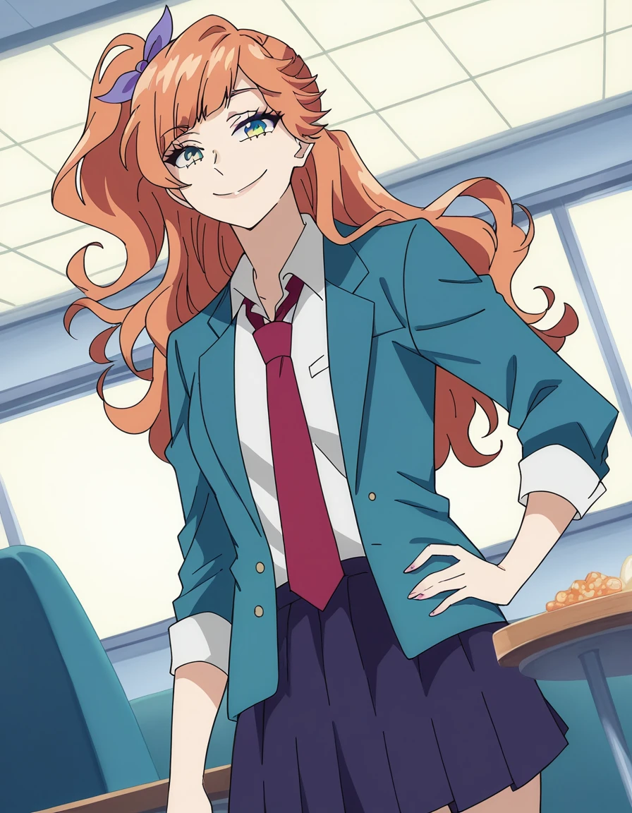 score_9, score_8_up, score_7_up, source_anime, <lora:juri-hattori-s1-ponyxl-lora-nochekaiser:1>, juri hattori, long hair, green eyes, hair ribbon, orange hair, one side up, medium breasts,, skirt, school uniform, jacket, pleated skirt, necktie, blazer, red necktie, purple skirt, aqua blazer,, restaurant, laughter, good food, warm lighting, celebration, smile, looking at viewer, smug, hand on hips,, solo,, cowboy shot, dutch angle