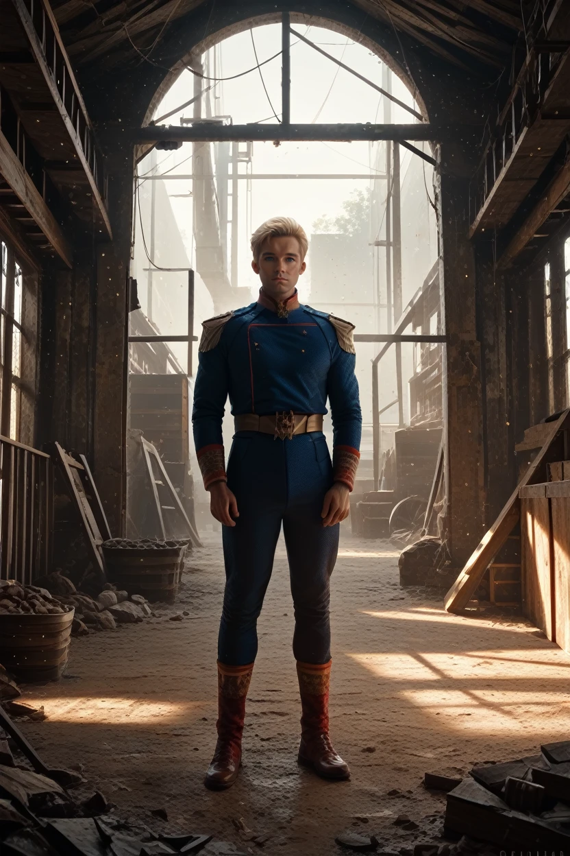 score_9, score_8_up, score_7_up, score_6_up
<lora:TBHomelander:1.0>
TBHomelander, 1boy, blonde hair, short hair, blue eyes looking at viewer, dressed in a vintage military uniform, standing in an abandoned warehouse, dust particles in the air, strong backlight, rugged and mysterious vibe