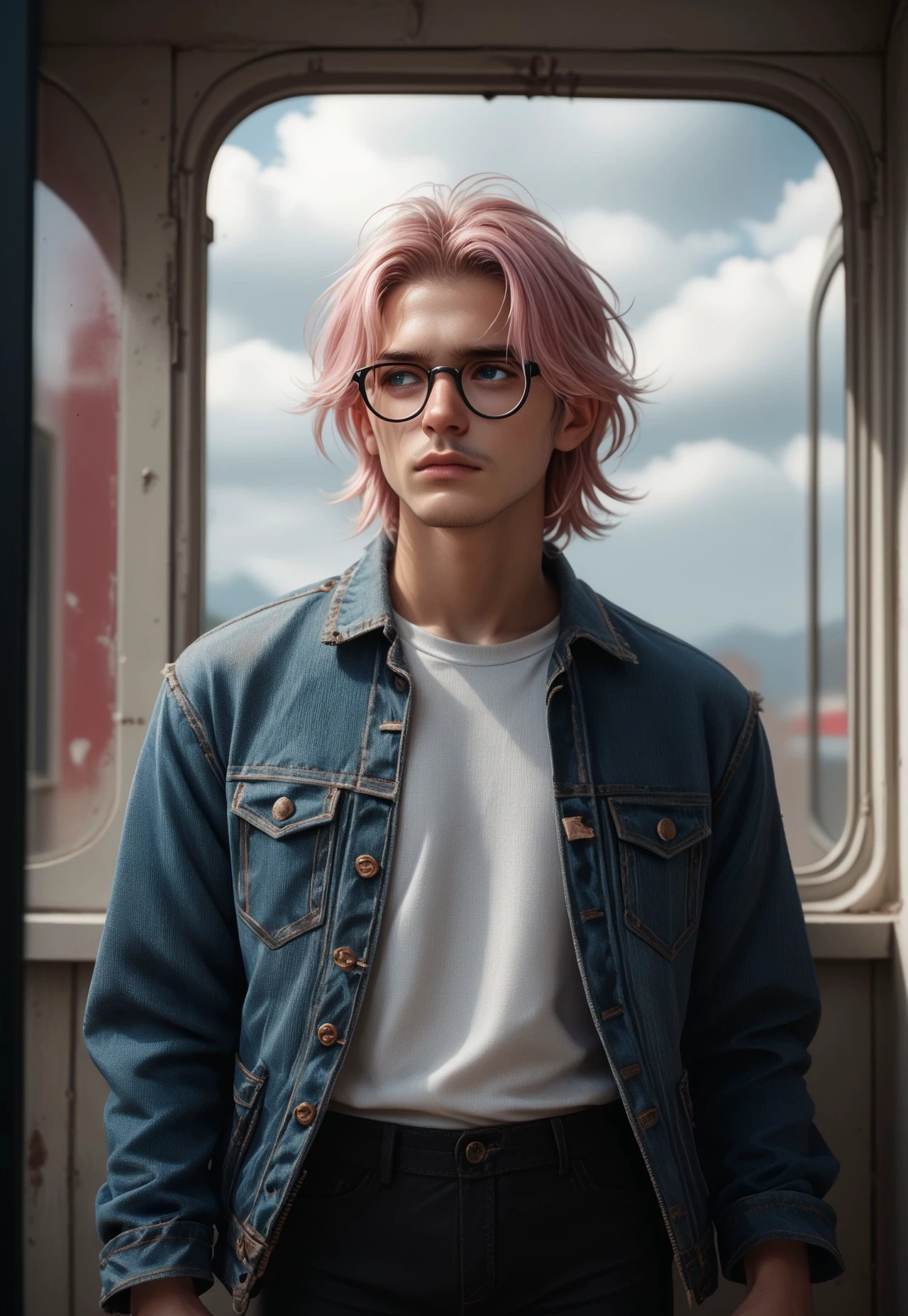 b3c4n3 style, 1boy, male focus, pink hair, glasses, staring outside a window on a cloudy day, denim jacket, black pants, white shirt, hands against glass ,BREAK PonyXLV6_Scores