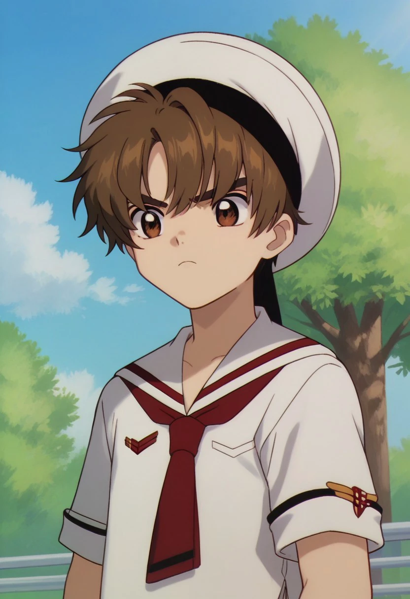 score_9, score_8_up, score_7_up, source_anime, highly detailed, 
syaoran, 1boy, male focus, solo, brown hair, brown eyes, hat, white headwear, school uniform, shirt, white shirt, short sleeves, sailor collar, frown, 
outdoor, sky, cloud, tree