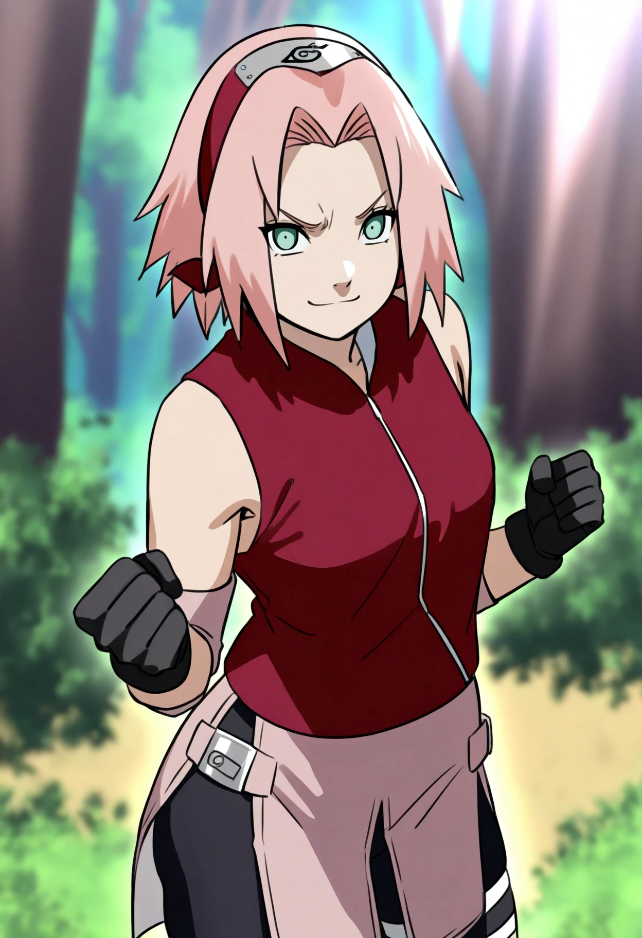 best quality, amazing quality, very aesthetic, absurdres,
1girl, haruno sakura, pink hair, short hair, green eyes, sleeveless, red shirt, forehead protector, bike shorts, shorts, black gloves,
clenched hands, solo, looking at viewer, angry, standing, smile, cowboy shot, outdoors, forest  <lora:SakuraShippudenIllustriousXL_byKonan:1>