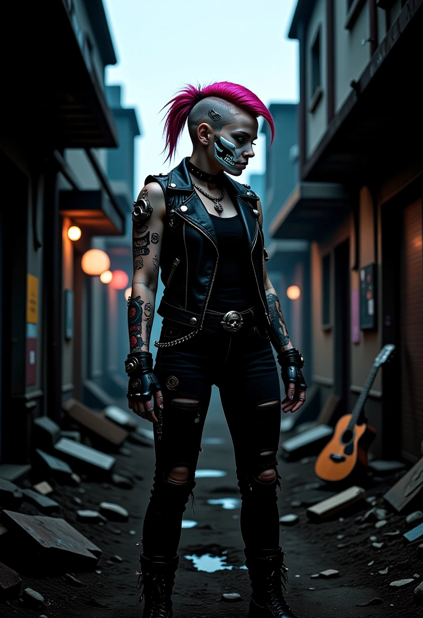 post-apocalyptic young woman with a punk aesthetic in a gritty urban environment, shaved left side and a mohawk styled on the right dyed a vibrant, magenta pink, intricate white skull and crossbones face paint, cybernetic implants visible on her face, sleeveless vikingpunk black leather jacket with various patches and symbols showing off her mechanical_arms, full-length black top, black skin-tight distressed jeans, multiple piercings, leather belt with decorative skull, black combat-style boots with chains and spikes, standing amidst a rough, dirty building, lean-muscular physique, numerous intricate tattoos, background with dystopian landscape, broken buildings, rusty pipes, abandoned guitar leaning against a wall, dim, neon-lit glow, atmosphere of rebellion and urban decay, fusion of cyberpunk and vikingpunk vibes. <lora:flux/aeshteticv2>, aesthetic_pose, dynamic_pose, <lora:flux/aidmaImageUpgrader-FLUX-V0.2>, aidmaimageupgrader, <lora:Magic of Art  2  (FLUX)>, Cinematic style, Beauty, Realism, Photorealism, Chiaroscuro, High quality,   <lora:flux/Sinfully_Stylish_.02_for_FLUX-000002:0.8>,  <lora:flux/aeshteticv2>, aesthetic_pose, dynamic_pose,