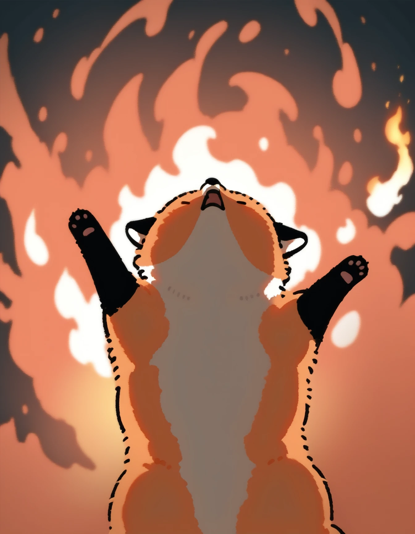 score_9, score_8_up, score_7_up, score_6_up, score_5_up, score_4_up, solo, feral
Numsiri_fox, black nose, closed eyes, orange fur, tail, closed eyes, arms up, fire, outstretched arms, upper Body, burning, open mouth
 <lora:ElmoRiseMeme_pdxl_Incrs_v1:1>
 <lora:Numsiri_fox_XL:0.9>