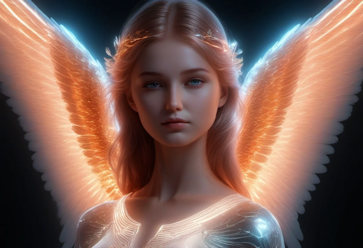 ultra realistic image with high resolution and stable focus correct and accurate anatomy, perfect detail of neon divine angel, sense of divinity, beauty, humility, wings, halo,