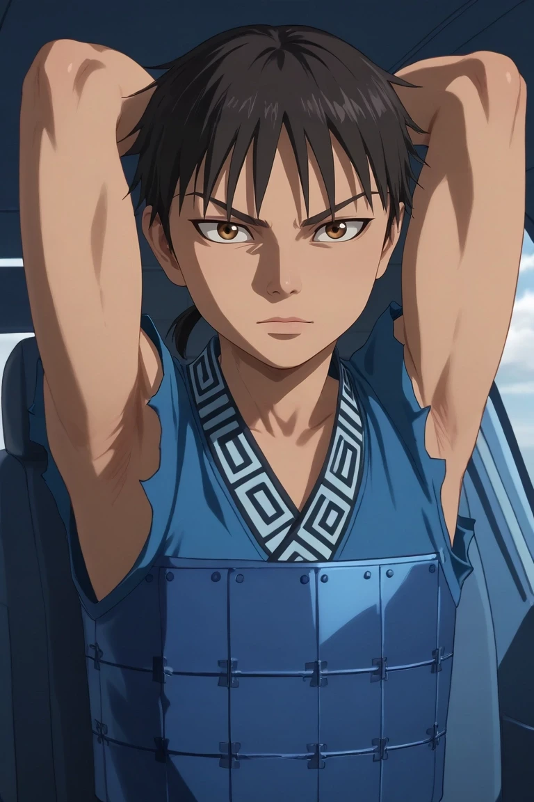 score_9, score_8_up, score_7_up, , rating_safe, intricate details, semi-realistic, looking at viewer, , 1boy, solo, male focus, <lora:xin_kingdom_pony:0.94>, xin_kingdom, black hair, brown eyes, short hair, low ponytail, aged down, armor, close-up, plane, dusk, arms behind head, relaxed, , <lora:sdxl_lightning_8step_lora:1>