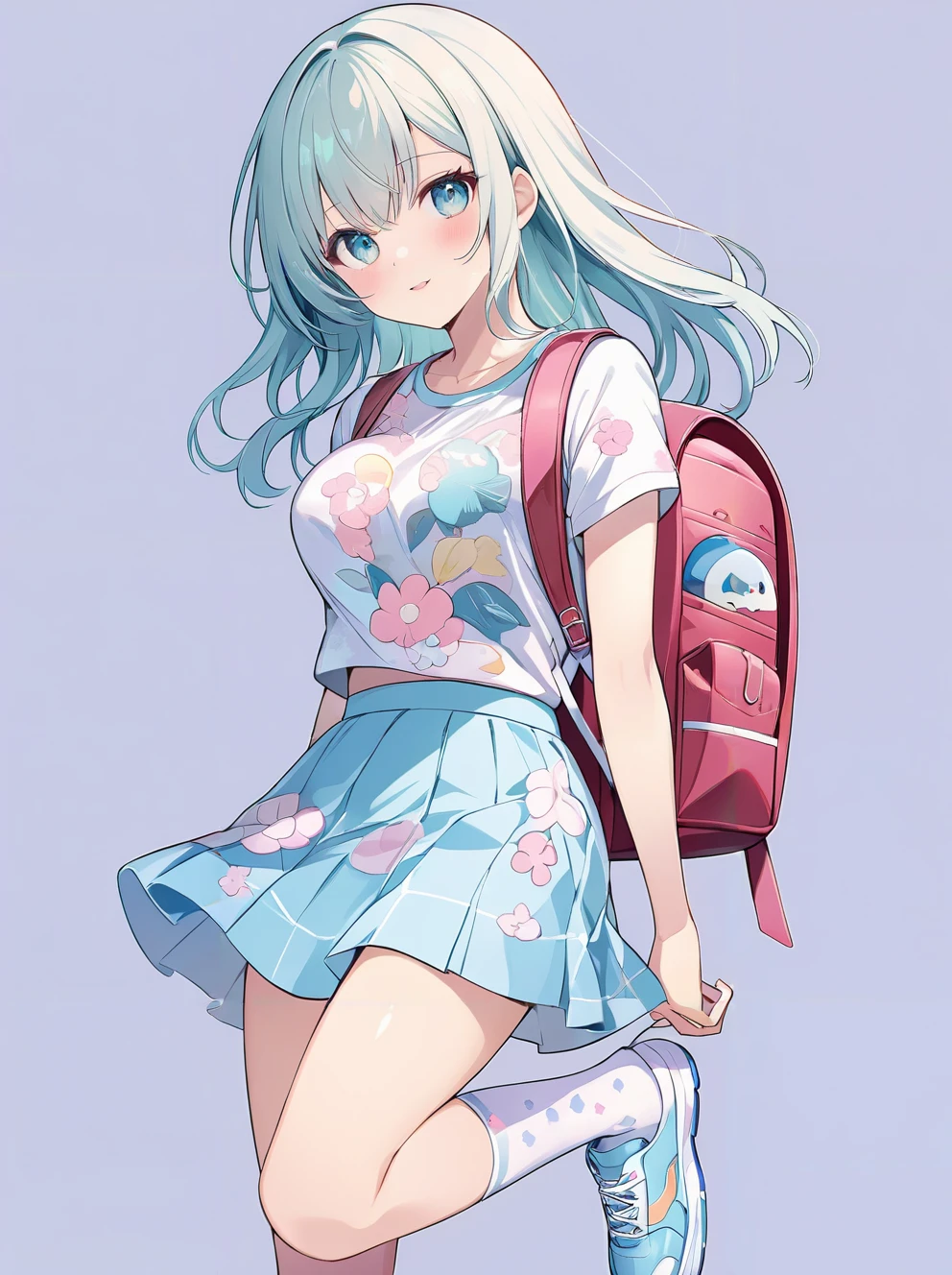 masterpiece,ultra-detailed,best quality,8K,illustration,cute face,clean skin ,shiny hair,woman,middle breasts,,ultra-detailed-eyes,simple background, <lora:add-detail-xl:1> <lora:jyojifuku_XL_V2.0:0.6> jyojifuku, print clothes, pastel color clothes,print shirt,skirt, socks,backpack,shoes