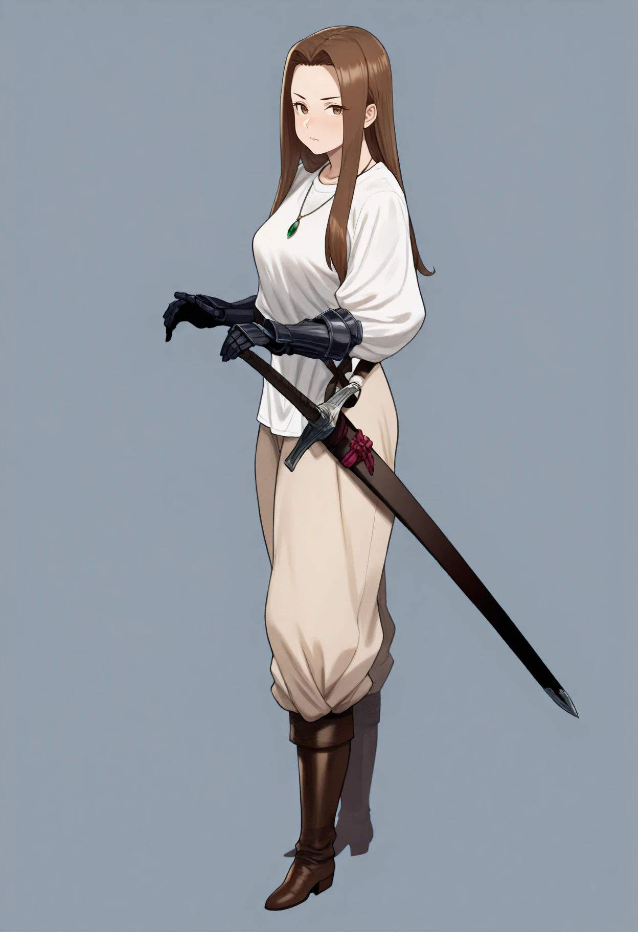 toluct,
best quality, amazing quality, very aesthetic, absurdres,
1girl, long hair, brown hair, brown eyes, 
solo, brown boots, pants, necklace, scabbard, standing, sheathed sword, gauntlets, white shirt, closed mouth, looking at viewer, 
 white background, simple background, full body, <lora:TOLuCTIllustriousXL_byKonan:1>