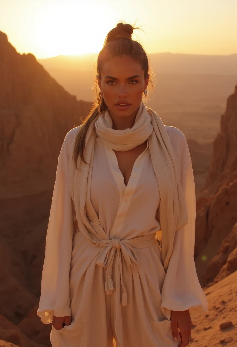 woman, heavy makeup, direct eye contact,  a desert canyon at sunrise. She is dressed in a loose-fitting, long-sleeved tunic and wide-legged pants, with a light scarf wrapped around her shoulders and her hair in a low bun, m4d1s0n