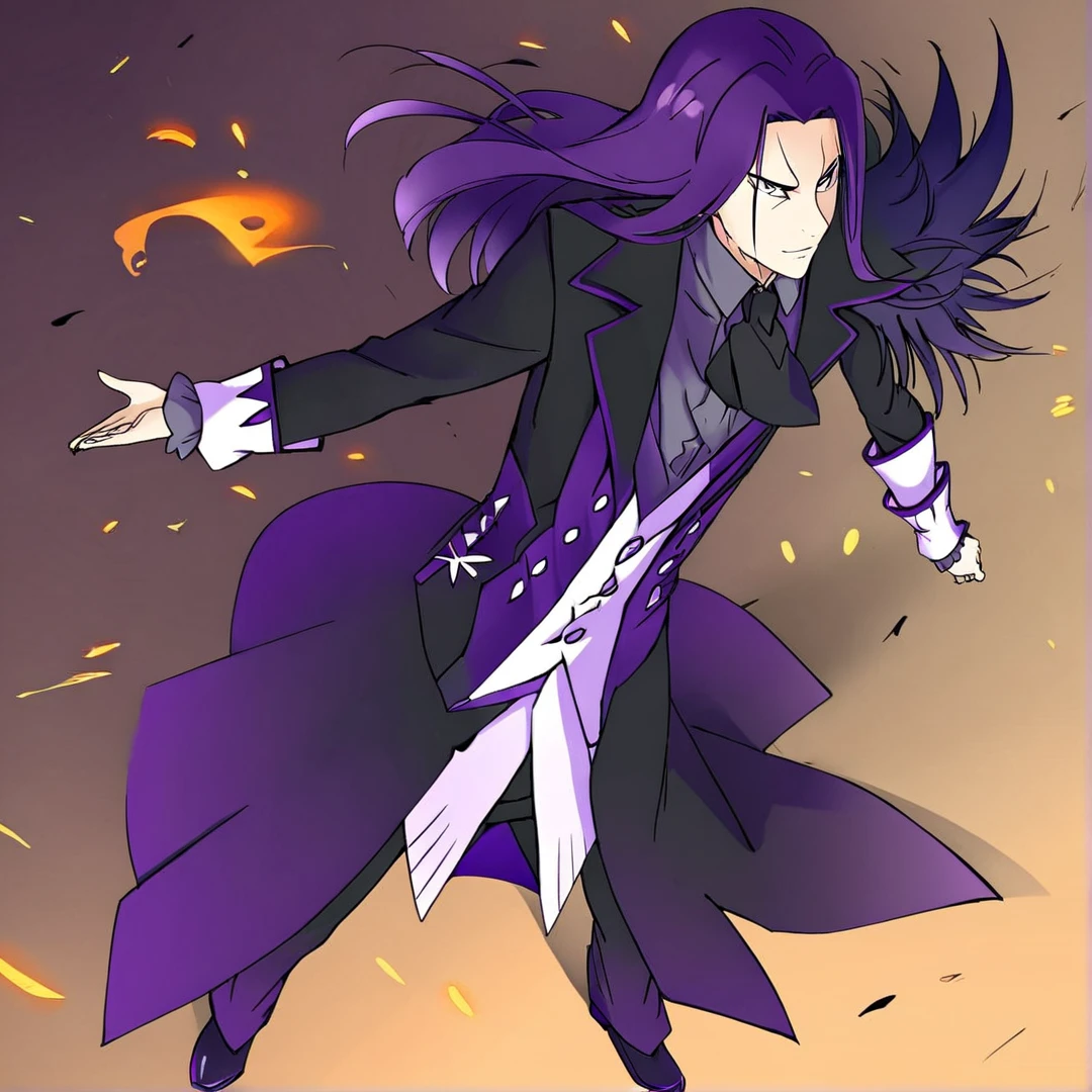 <lora:StrideVollachia:1>, stride, thirty years of age, his features, were uncommonly sharp and noble, has long, rich deep-purple hair, that had a silky look to it, and reached past his shoulders, wears black trousers, black shoes, a light grey shirt, a black cravat, a white waistcoat over the shirt, and a black long coat over the waistcoat, that had notched lapels and rolled cuffs, purple lining, on his left shoulder, has many large feathers with purple tips, on each of his ten fingers, are ring curse tools, full body, standing in a war zone, is fighting, high in the sky, surrounded with flames